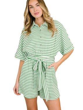 🟢⚪️ Mod Boutique Striped Green & White Belted Romper ⚪️🟢